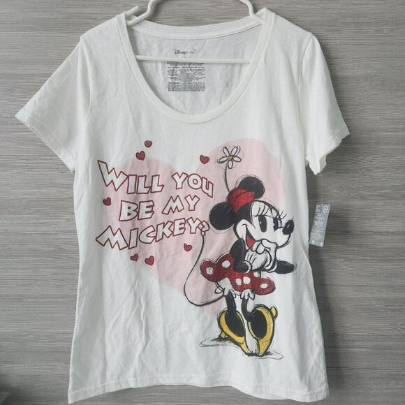 Disney Minnie Mouse Heart "Will You Be My Mickey?" Graphic Womens T-Shirt Size L - Picture 5 of 12